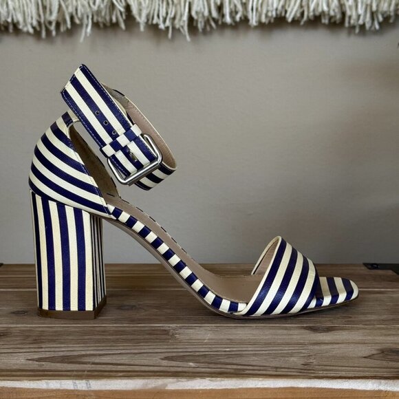J. Crew Leather Light Cream Navy Stripe Ankle Strap Open Toe Block Heel Sandals - Picture 10 of 16